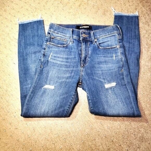 Express Women's Size 0 Cropped Legging Mid Rise Distressed Jeans 26x25 - Picture 2 of 9